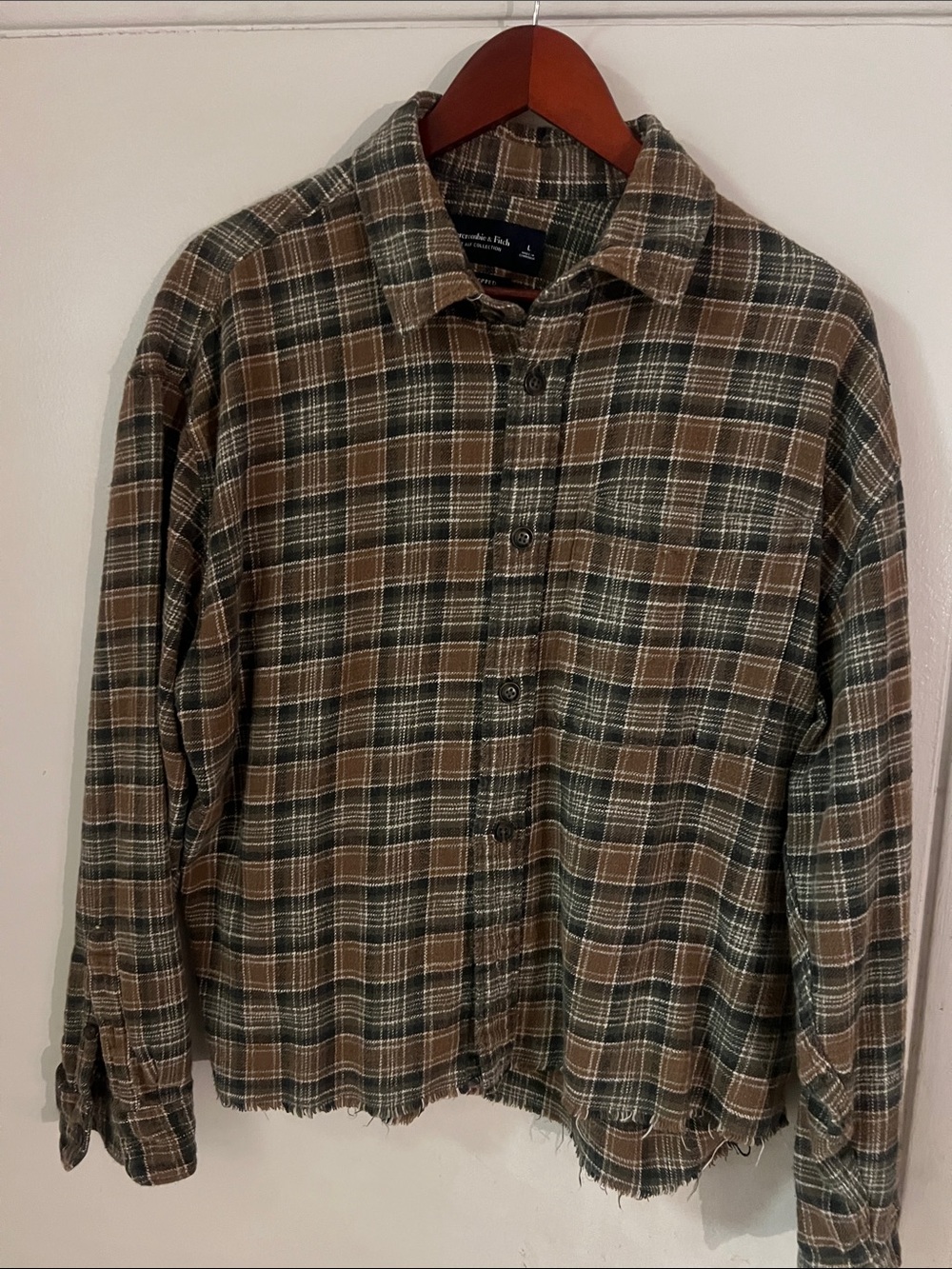 Abercrombie & Finch Cropped Men's Plaid Button-Up Shirt- Brown & Green, Large